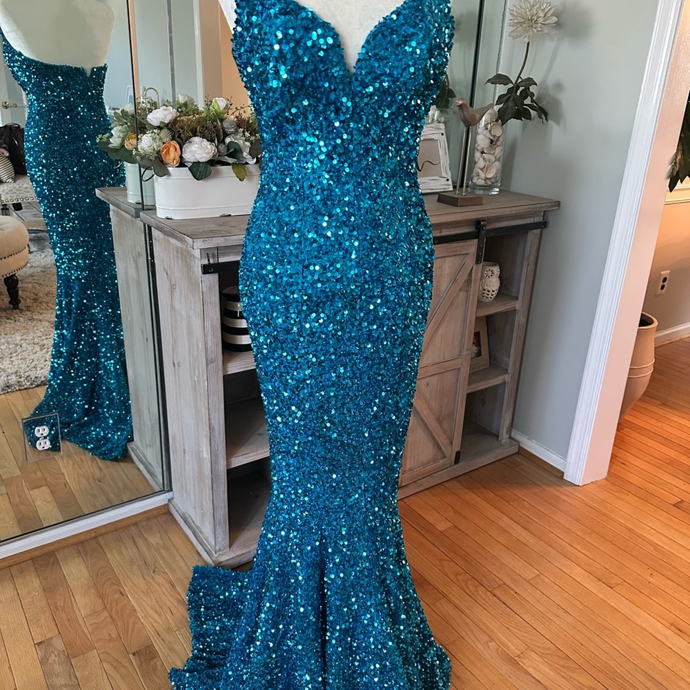 Strapless Mermaid Sequin Prom Dress - Aqua - Picture 3 of 10